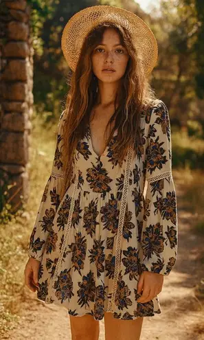 re:named Floral Boho Long Sleeve Mini Tunic Dress Size S