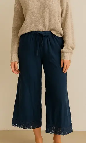 Linen Cotton Blend Navy Wide Leg Crop Pants Small Lace Boho Flowy Lounge Hippie Blue