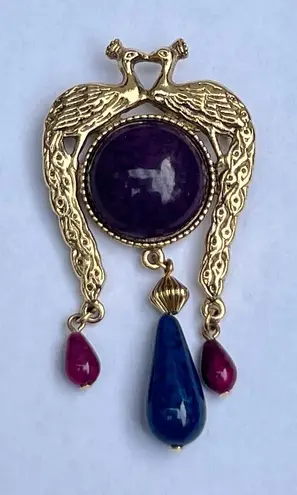 Art Deco Vintage Regal Gold Colored Kissing Peacock Birds Dangle Brooch Pin