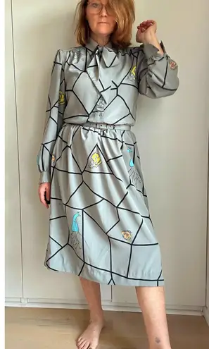Vintage 80s Day Dress Size Med Grey Graphic Print Midi Length Office Made USA Gray