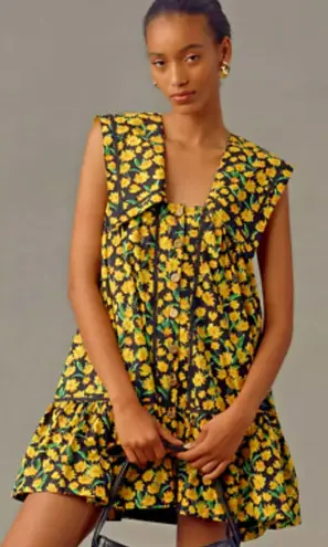 Maeve Anthropologie Collared Poplin Swing Mini Dress Black Yellow DaisyXS Size XS