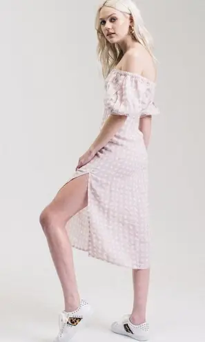 Winston White Lotus Off The Shoulder Linen Midi Dress Gingham Mauve Pink Cream S