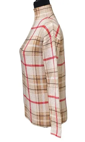 Tahari  Red Beige Plaid Window Pane Mock Neck Stretch Retro Preppy Sweater XS