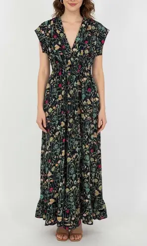 BETINA Floral Print Maxi Dress Deep V Neck Smocked Waist Tie Back Navy Black