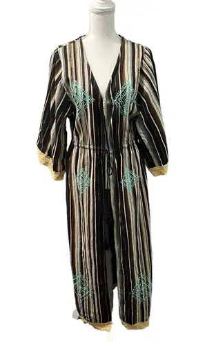 Angel + Premium Aztec Bohemian Embroidered Multicolor Lace Trim Duster Jacket S Black