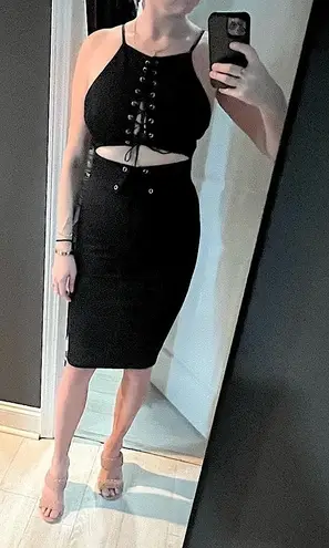 H:ours New Black Revolve Lace Up Knee Length Dress, NWOT, XS