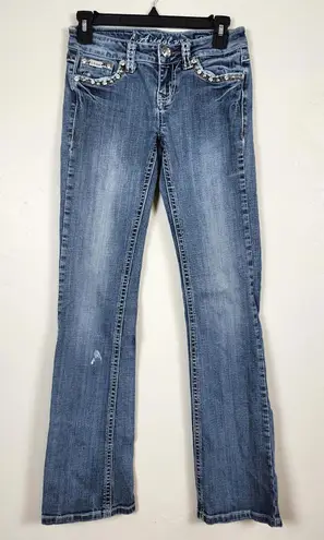 Y2K LA Idol USA Jeans Women's 1 Bootcut Embellished Rhinestone Pockets Denim Blue Size 27