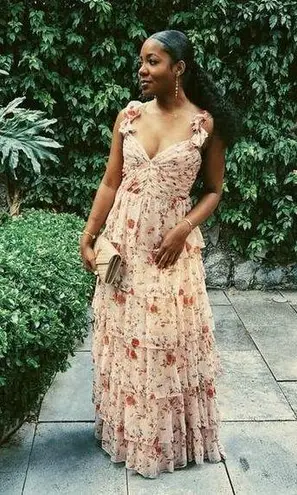 Mac Duggal Pink Floral Ruffled Sweetheart Sleeveless A-Line Gown Size 6