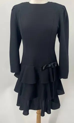 Vintage 80s Ruffled Mini Dress Satin Bow Detail Tiered Skirt Long Sleeve Black M Size M