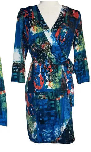 Oleg Cassini Faux Wrap Dress 4 Side Tie V-Neck Colorful Abstract Artsy Stretchy - Image 1