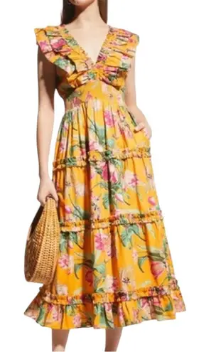 Love the Label Topanga Floral Yellow Tiered Midi Dress LARGE