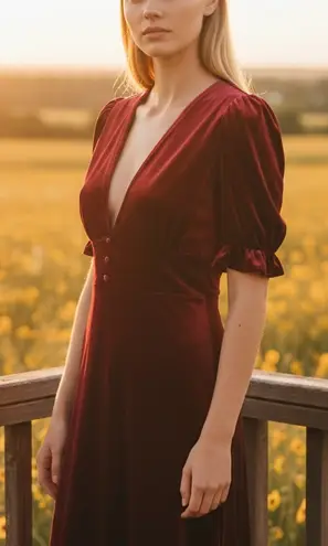 Elegant Burgundy Red Velvet Dress Retro New Size M