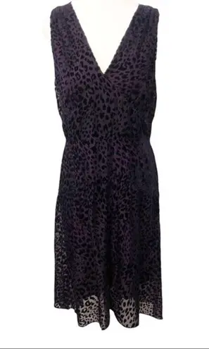 Elie Tahari Celeste Aubergine Purple Velvet Cheetah Print V-Neck Midi Dress 10