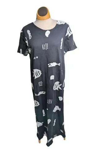 Vtg 1990s Cite Black Short Sleeve Jersey Knit Fish Block Print Maxi Dress S