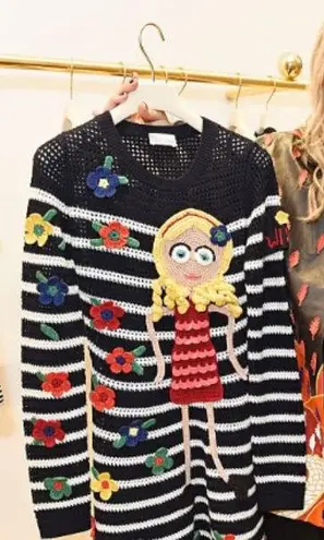 Red Valentino London Kaye Long Sleeve Knit Sweater Dress Stripes Crochet Medium