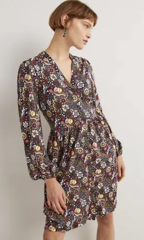Boden Womens Floral Button Through Jersey Dress Long Sleeve V Neck 16/18R plus Black