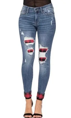 Judy Blue Distressed Buffalo Plaid Patch Skinny Jeans Size 30