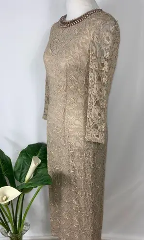 London Times Golden Tan Lace Overlay Midi Dress Rosegold Rhinestone Neck Size 4