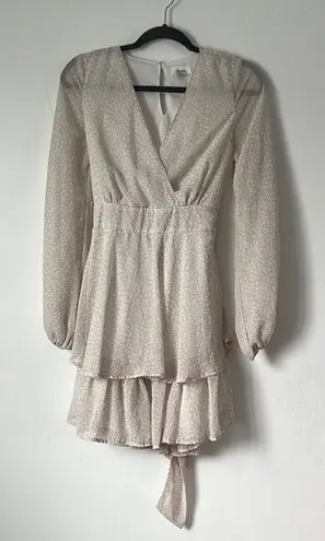 Japna  Long Sleeve Tiered Ruffle Mini Dress Light Taupe White Print Size Medium - Image 1