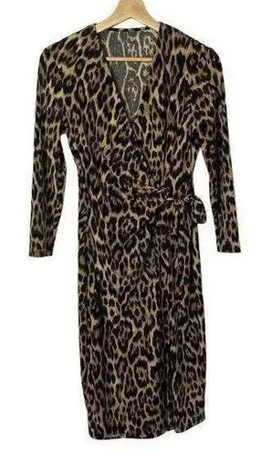 Kasper  Brown Animal Print Long Sleeve Wrap Dress M