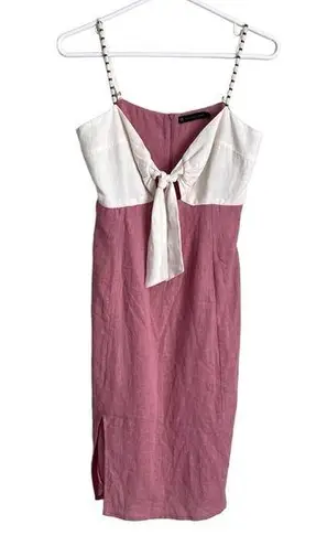 Vix Paula Hermanny Pink White Tie Front Dress Linen Blend Beach Women's Medium