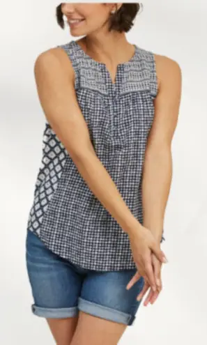 Fat Face Navy and White Patterned Sleeveless Blouse 100% Cotton Size 12 Women's Blue