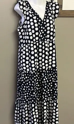 Loft  Navy White Polka Dot V-Neck Ruffled Flowy MIDI Dress- Medium