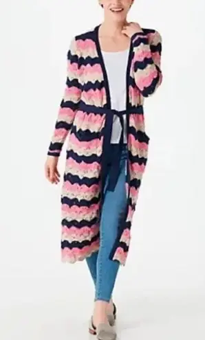 Laurie Felt Pointelle Knit Maxi Cardigan Duster Sweater Navy Pink Tan Size XXS