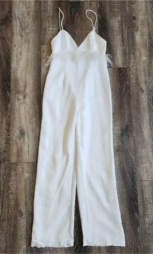 Saylor Krysta Jumpsuit White Sleeveless Small Feathers Bridal Wedding