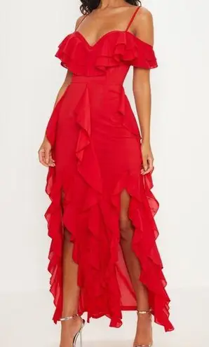 Pretty Little Thing  Spanish Style Red Ruffle Maxi Dress Sz 12 Prom Wedding NWT