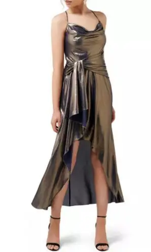 Ever New Goddess Charli High Low Navy And Gold Metallic Formal Gown Sz US 0
