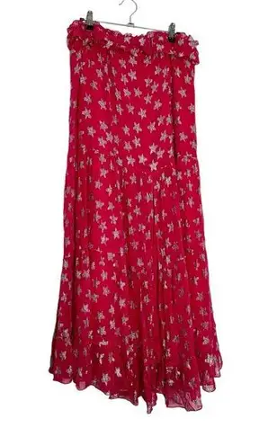 Rococo Sand Metallic Stars Print Ruffle Maxi Skirt Hot Pink Size L