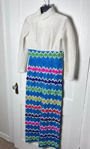 Vintage Mod 60s Colorful Knit Striped Long Sleeve Hostess Dress Gown Size Small White