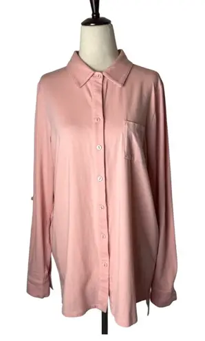 Tyler Boe Shirt Women Large Pink Knit Long Roll Tab Sleeve Button Down Preppy