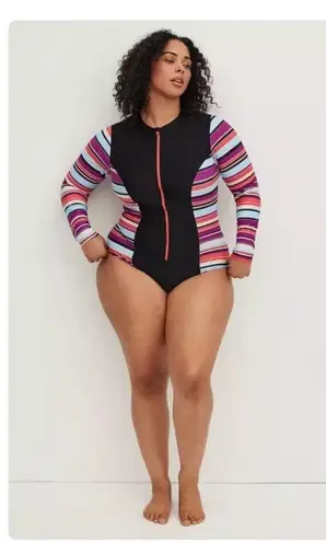 Torrid Stripe Zip Front Rashguard One Piece Swimsuit Sz.3 NWT Black Size 24W