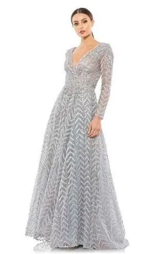 Mac Duggal 20189 Platinum Embellished Illusion Long Sleeve Wrap Over Dress