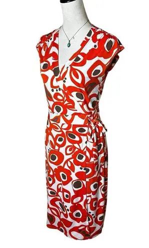 Bisou Bisou Orange Abstract Print Wrap Dress Sz 6 Business Casual Office Career