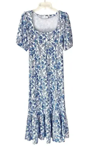 Smith & Quinn Porcelain Petals Floral Blue White Midi Dress size large puff