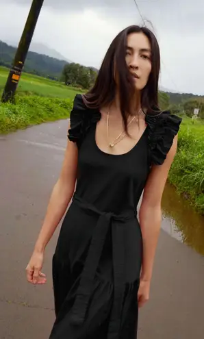 Nation Ltd Everleigh Frilly Ruffle Scoop Neck Tiered Belted Midi Dress Jet Black