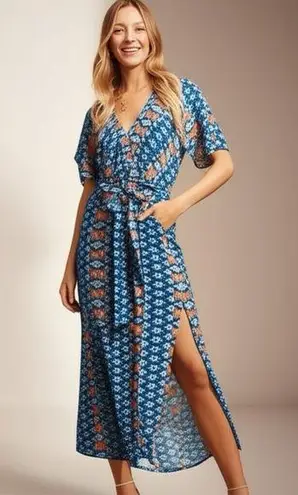 HAPTICS Navy Boho Print Surplice Sash Belt Midi Dress Short Sleeve New Blue