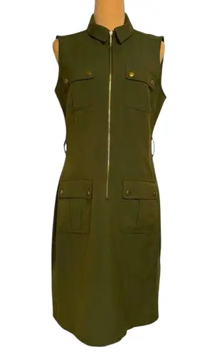 Sharagano Olive Green Sleeveless Shirt Dress Pockets Collared Zip Front Size 8