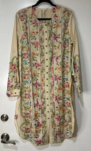 Aratta Silent Journey Collection Midi Dress Large NWT Cream Embroidered Florals Green