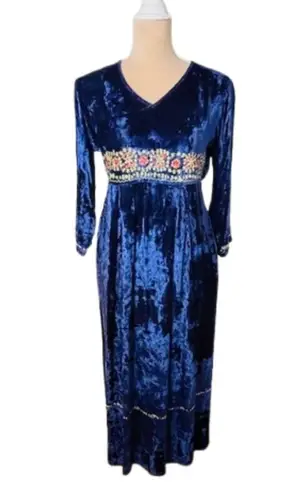 April Cornell Victorian Crushed Velvet Cottagecore Embroidered Midi Dress XS Blue