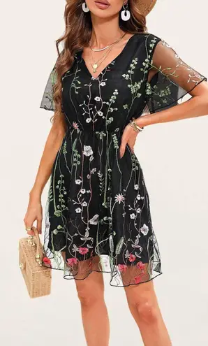 Darling Romance Black Floral Embroidery Mini Dress Size XL