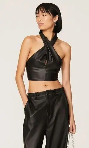STAUD Kai Faux Leather Halter Crop Top Black Keyhole Twist Sleeveless Vegan sz12