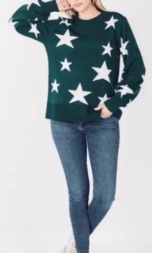 Zenana Hunter Green Star Knit Sweater + Bonus Mask