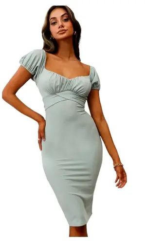 Angel Biba Dress Women Medium Green Knit Sweetheart Neck Tie Waist Sheath Midi