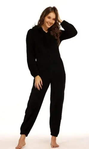 Zip Up Hooded Teddy Jumpsuit with Ears Black