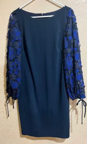 Badgley Mischka navy blue Embroidered balloon Sleeve sheath Dress