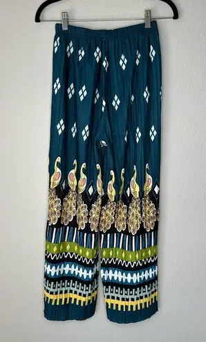 Women's Pleated Wide Leg Peacock Elastic High Waist Casual Lounge Pants XS/S Blue